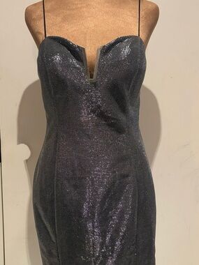 Entry Shimmery Charcoal Strapless Slip Dress with V-Metal Accent
